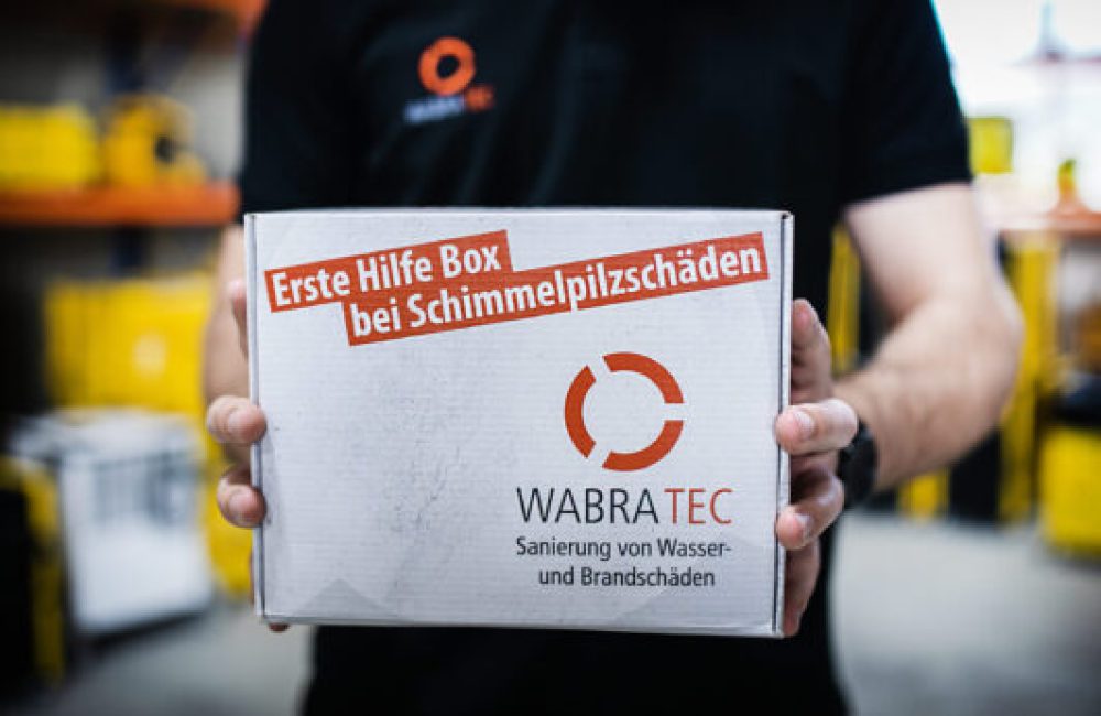 Zwei Hände halten eine Erste Hilfe Box bei Schimmelschäden für die Schimmelpilzsanierung in der Hand.